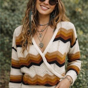 FCT with LOVE Chevron Patterned Wrap Sweater medium boho festival vibes